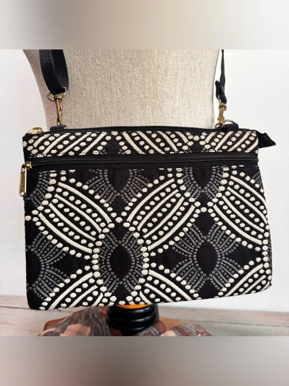 Danny K Tapestry Black And White Travel Crossbody‎ Multi Compartment Bag Purse